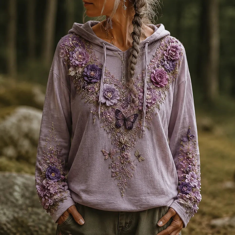 Women's Bohemian Vintage Floral & Butterfly Embroidered Pullover Hoodie