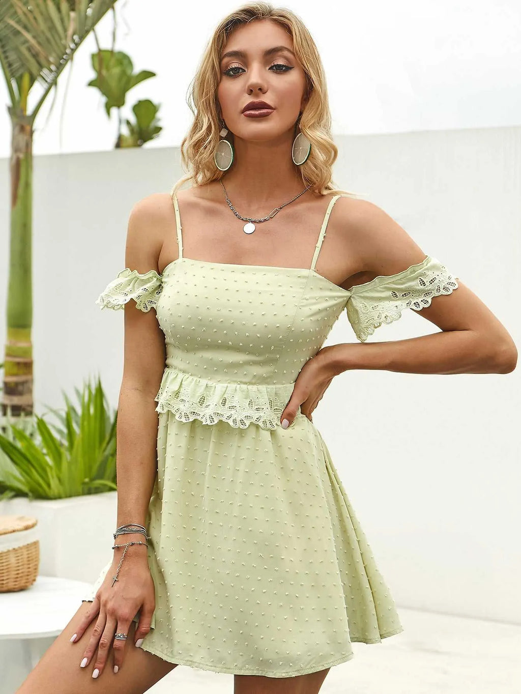 KittenAlarm - Off Shoulder Ruffle Detail Lace Trim Cami Dress
