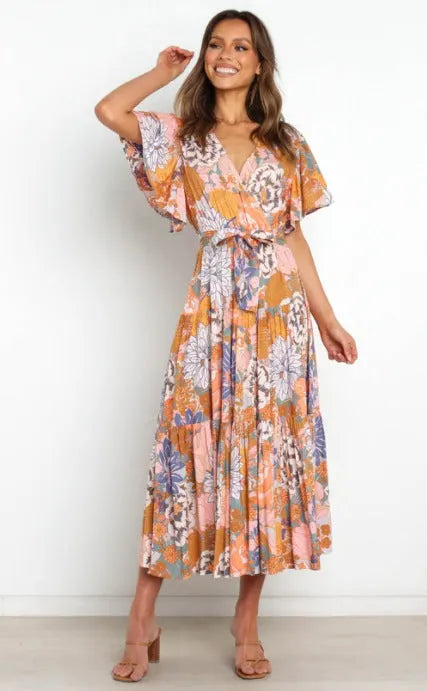 Valda Palm Print Tiered Maxi Dress
