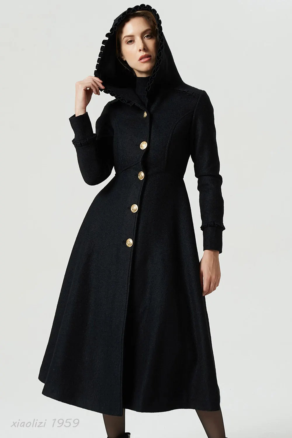 Vintage Wool Coat for Women – Handmade Black Hooded Fit and Flare Maxi Coat with Gold Buttons 