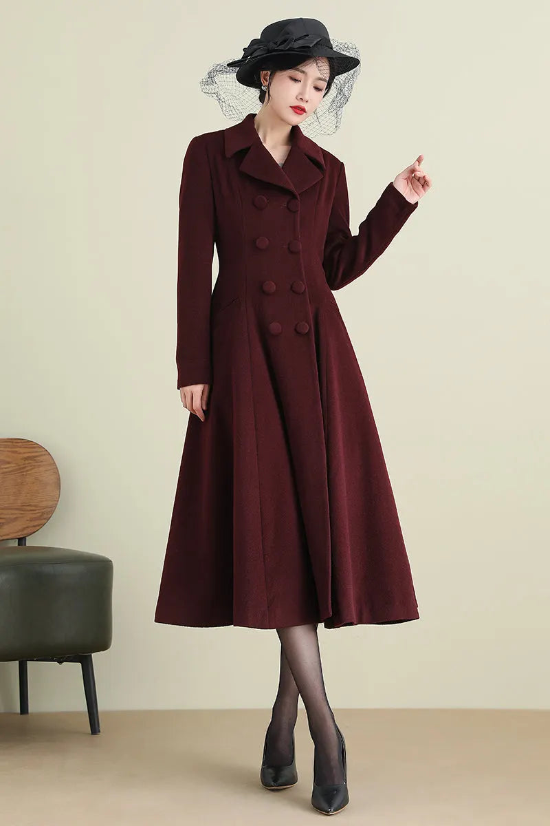 Handmade Wine Red Wool Coat – Vintage Double-Breasted Fit and Flare Overcoat 