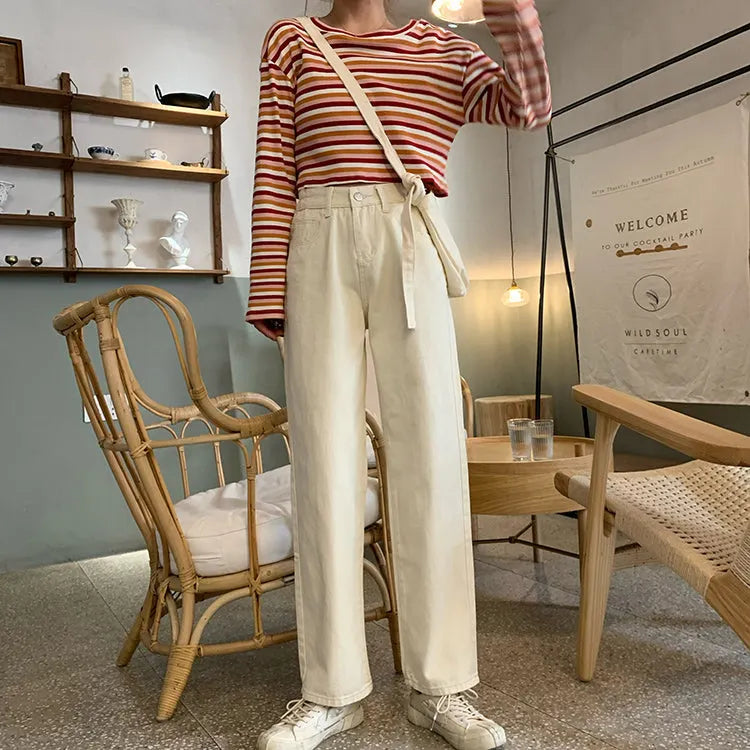 KittenAlarm - High Waist Retro Simple Long Jeans Pants