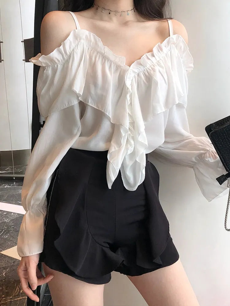 Casual Loose Spaghetti Strap Flare Sleeve Ruffles Tops