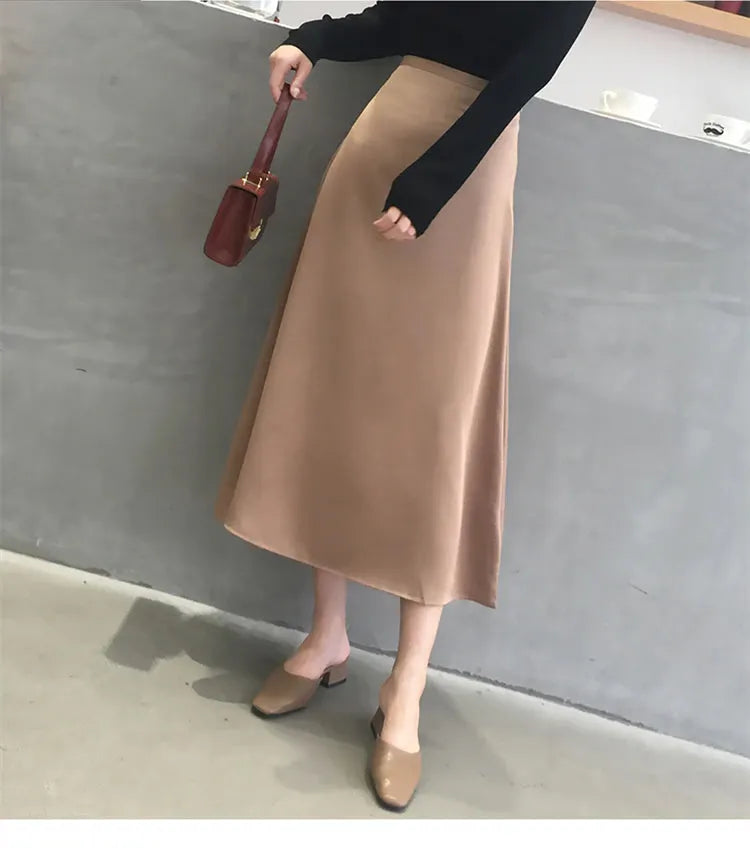 KittenAlarm - High Waist Glossy Long Satin Office Skirts