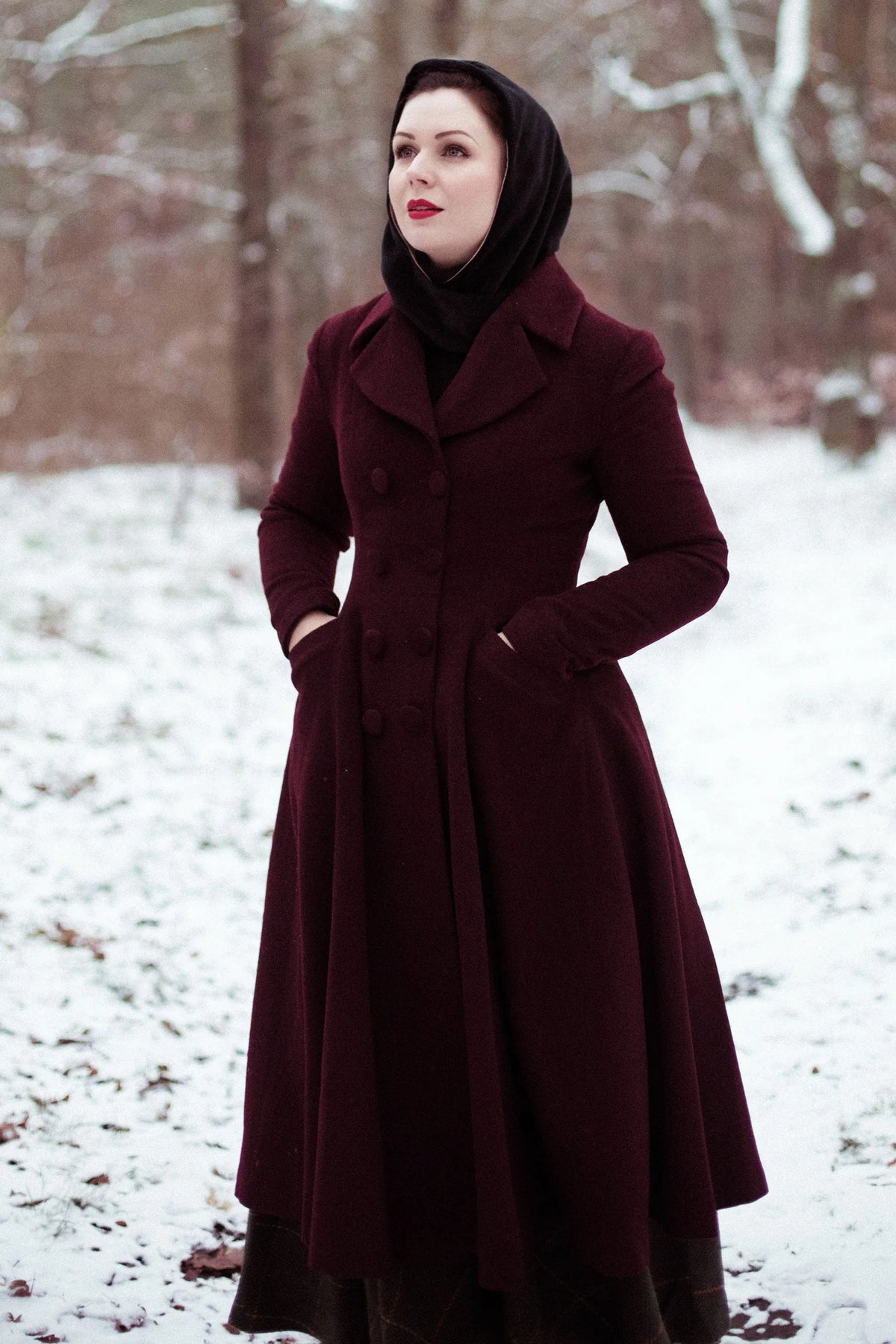 Elegant Burgundy Wool Blend Coat – Handmade A-Line Long Winter Overcoat 