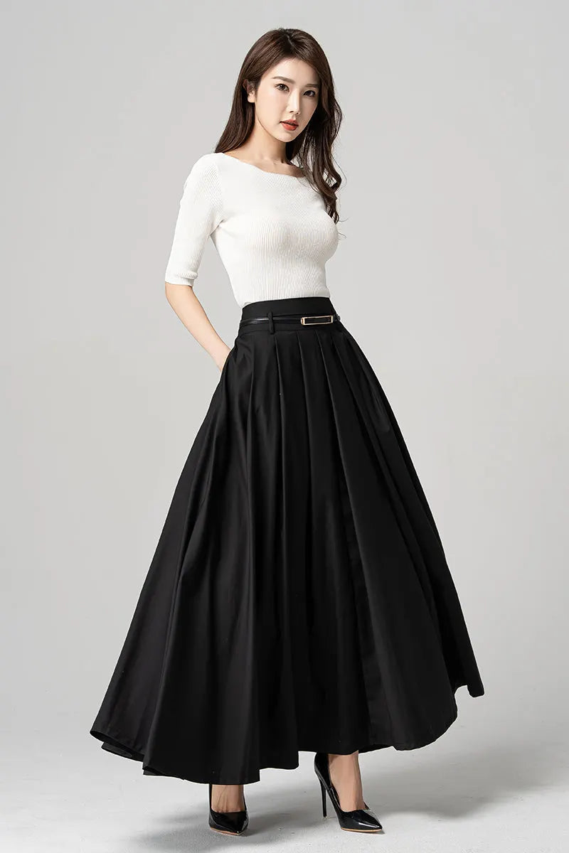 Black Polyester Pleated Maxi Skirt - Flowy Ankle Length 4189
