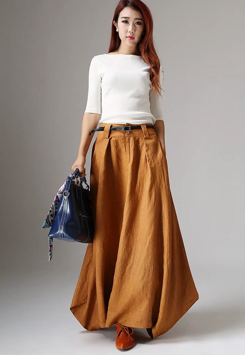 Women’s Handmade Linen Maxi Skirt – Brown Asymmetrical Bohemian Skirt 