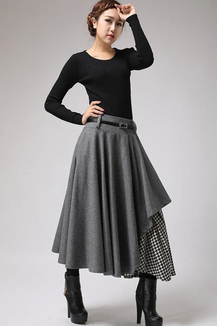 Grey Wool Midi Skirt - Houndstooth Panel & Belted Waist 720