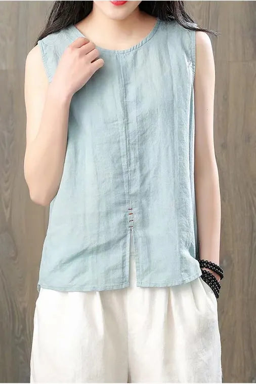 White Linen Sleeveless Tunic Top - Breathable Loose Fit J124