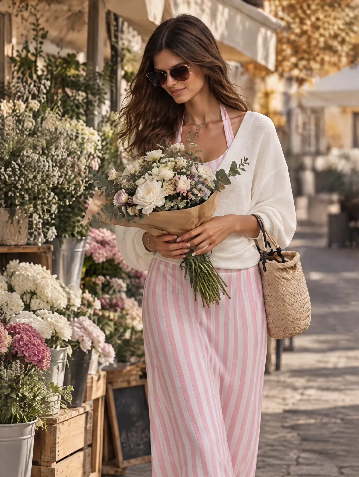 Resort-style Long-sleeve Cover-up And Striped Maxi Skirt Set