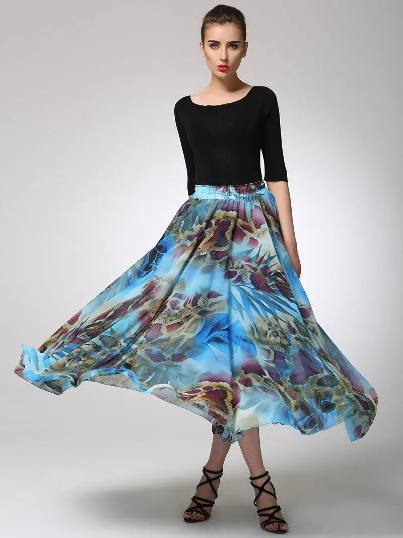 Abstract Print Chiffon Maxi Skirt for Women with Elastic Waist 