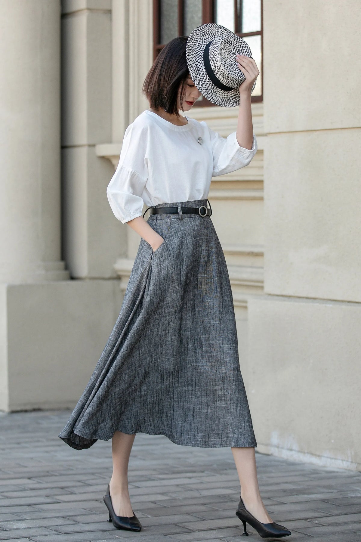 Handmade Gray Linen Skirt – Vintage A-Line Midi Skirt with Pockets 