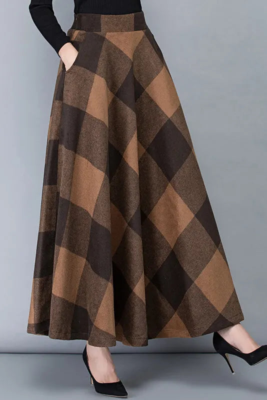 Brown Wool Maxi Skirt - Vintage Plaid Full Length 3782
