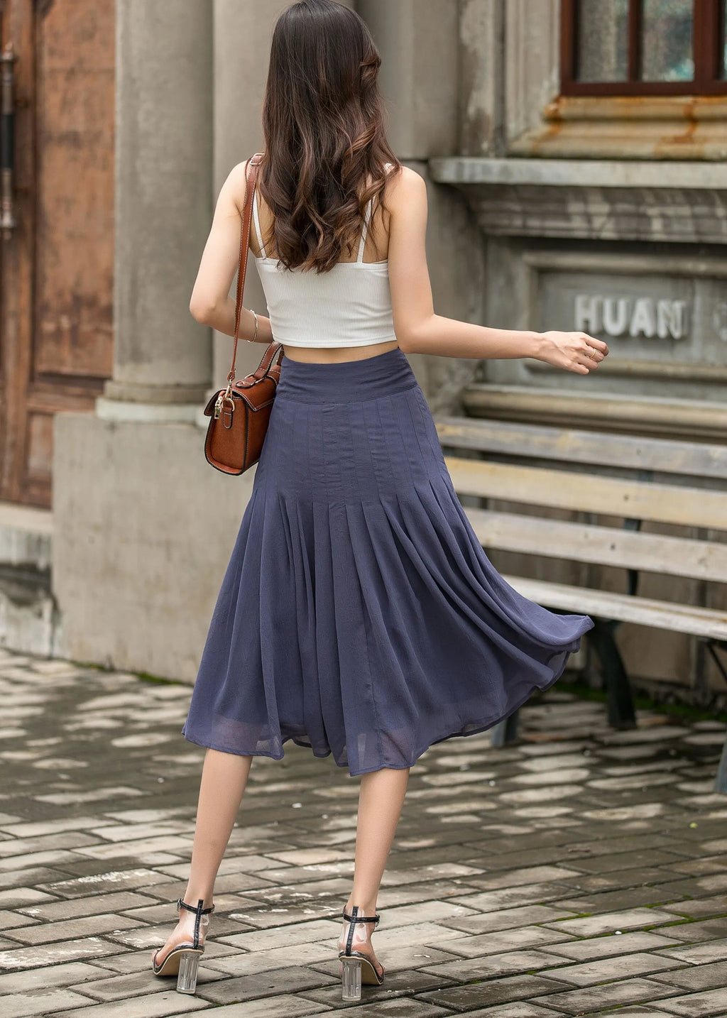 Blue Chiffon Midi Skirt - Pleated, Button Front, Flared Silhouette 3694
