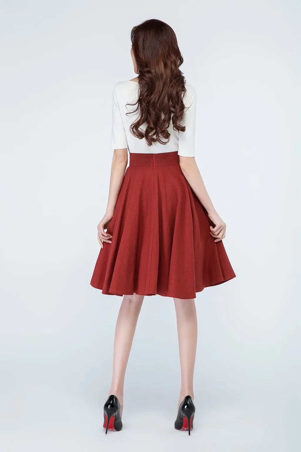 Rust Red Linen Circle Skirt – Vintage 50s High Waist Skater Skirt with Pockets 1689