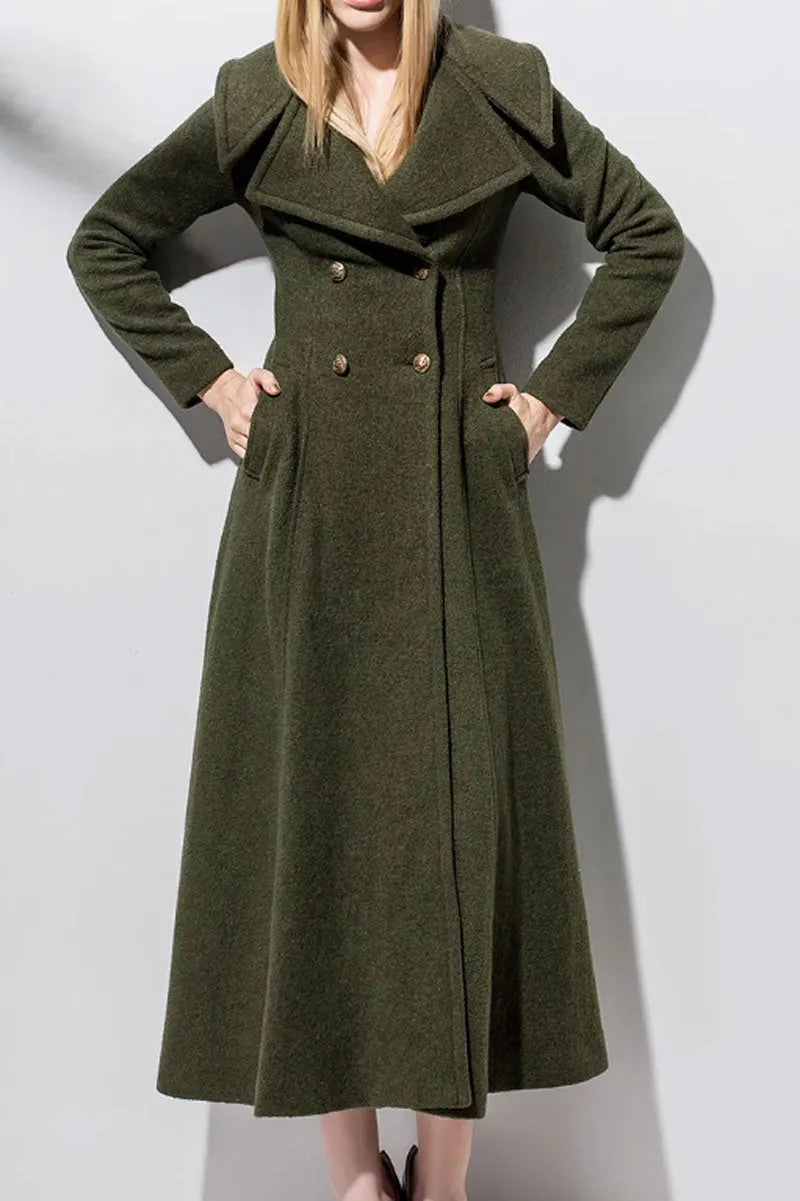 Army Green Wool Coat - Double Breasted, Long Sleeve Winter Elegance 4716