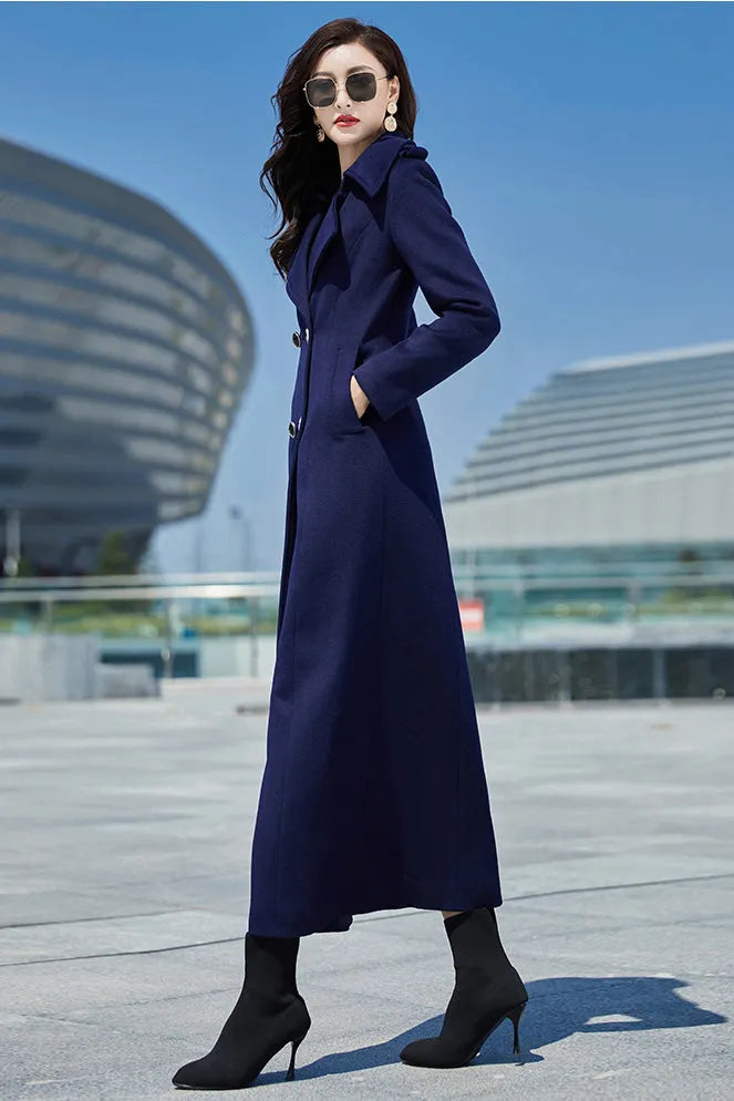 Navy Blue Wool Coat – Long Double Breasted Fit & Flare Winter Overcoat 