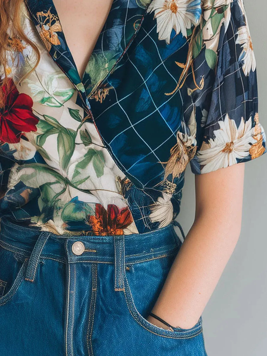 Vintage Floral & Check Mixed Print Short Sleeve Silky Shirt