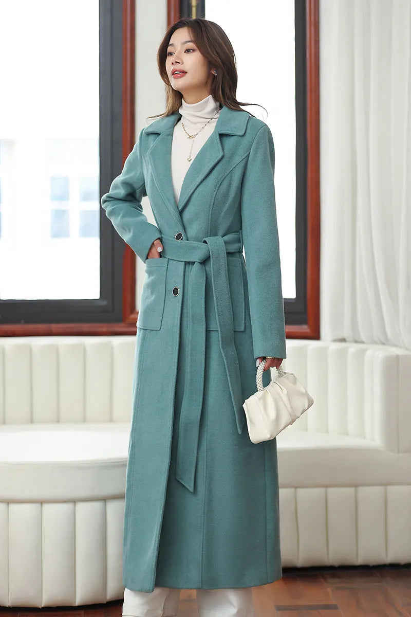 Minimalist Wool Blend Coat – Handmade Light Teal Long Winter Overcoat 