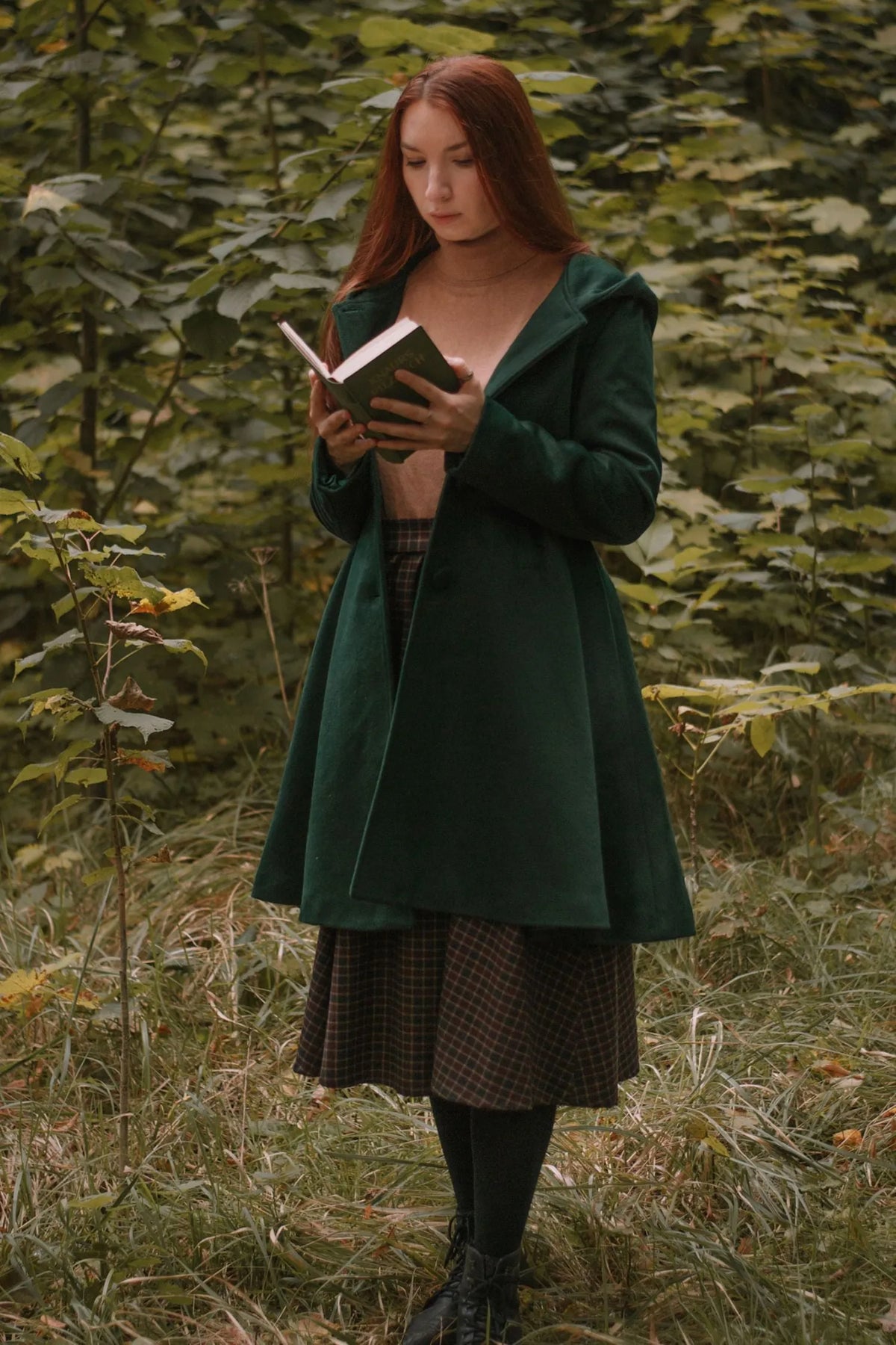 Army Green Wool Coat - Hooded Fit and Flare Knee-Length 3172