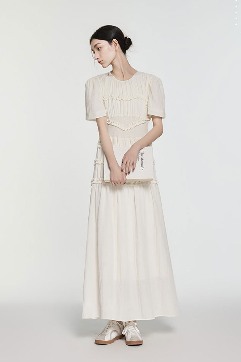 Fit & Flare Ruffled Puff-Sleeve Smocked-Waist Maxi Dress