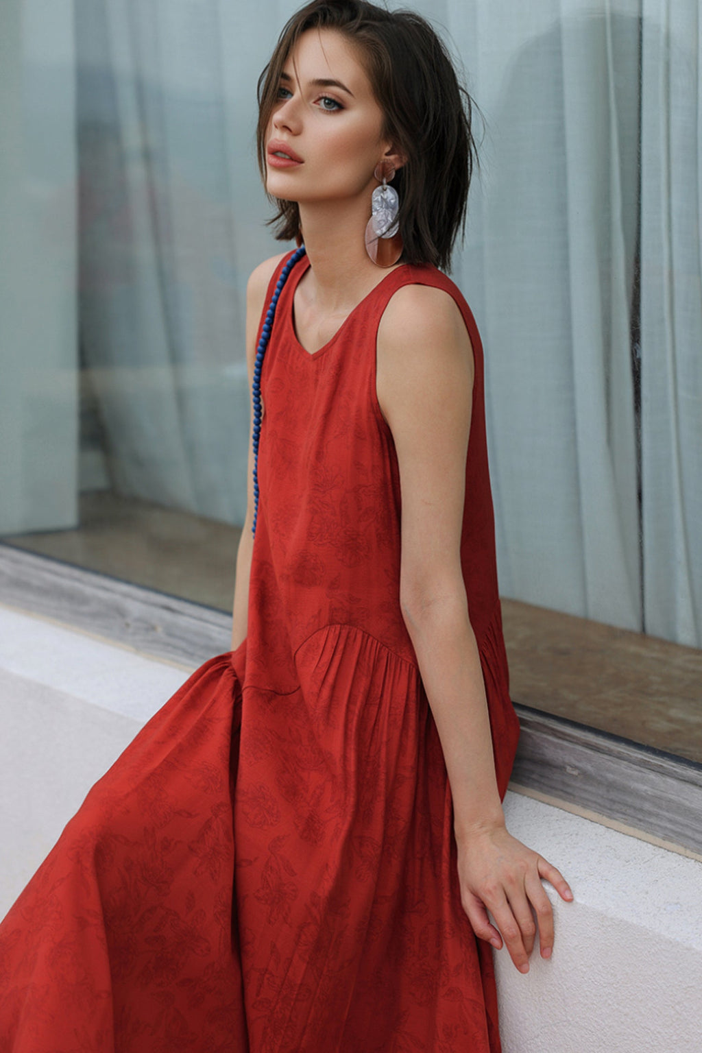 Red Asymmetrical Tiered Sleeveless Maxi Dress with Floral Print