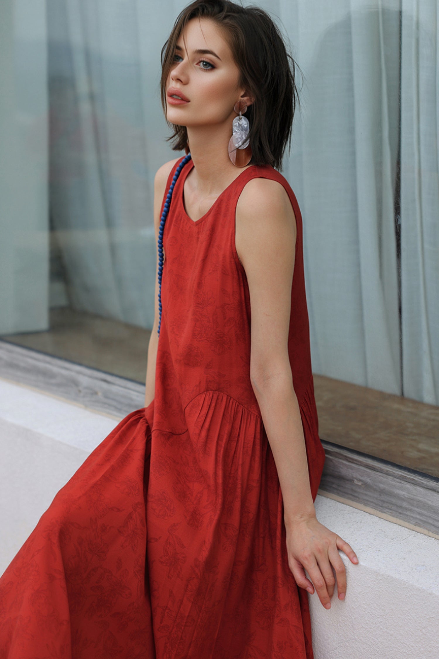 Red Asymmetrical Tiered Sleeveless Maxi Dress with Floral Print