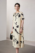 Stretch Silk Floral Short-Sleeve Crewneck Midi T-Shirt Dress