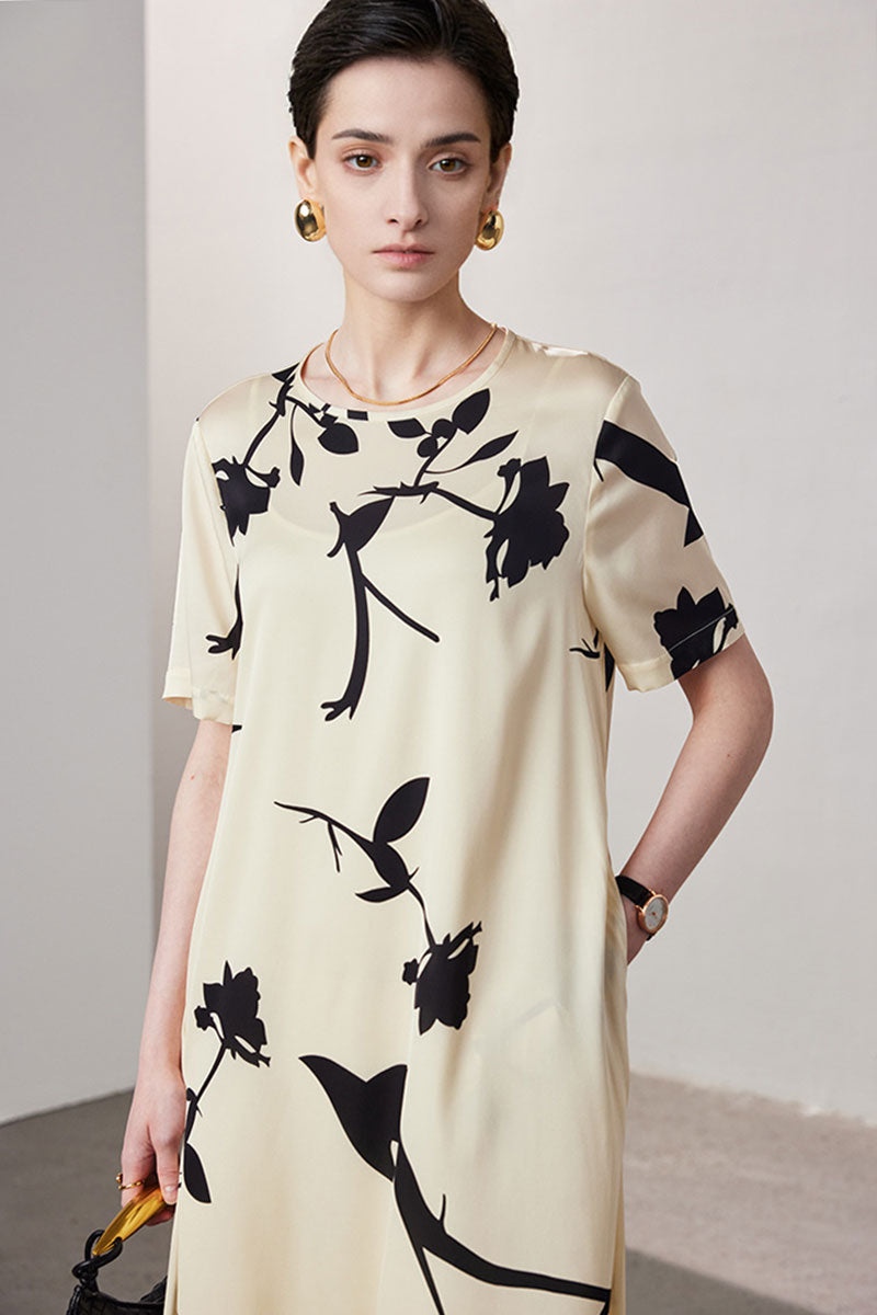 Stretch Silk Floral Short-Sleeve Crewneck Midi T-Shirt Dress