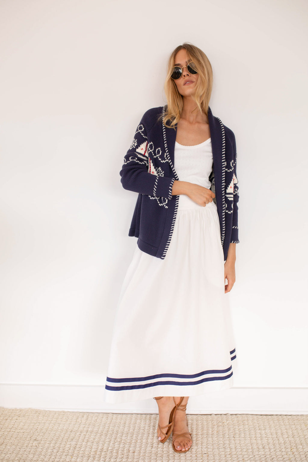 Charlotte Skirt - White with Navy Trim