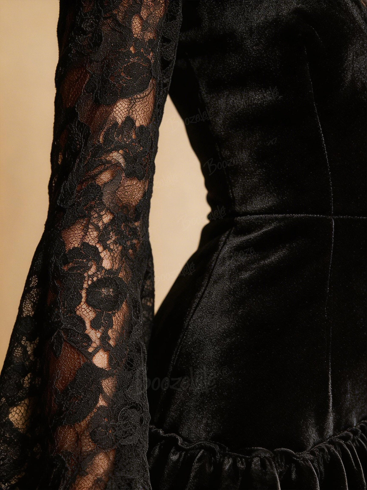 Western Lace Velvet Deep V-Neck Long Sleeve Mini Dress