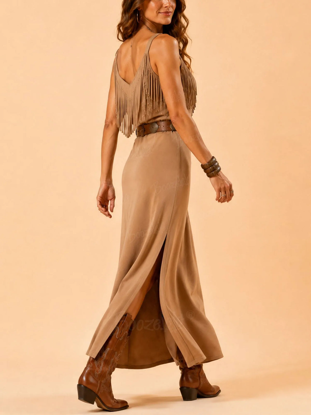 2026 S/S Desert Bloom — Camel V-Neck Fringe Cami Side-Slit Boho Maxi Dress