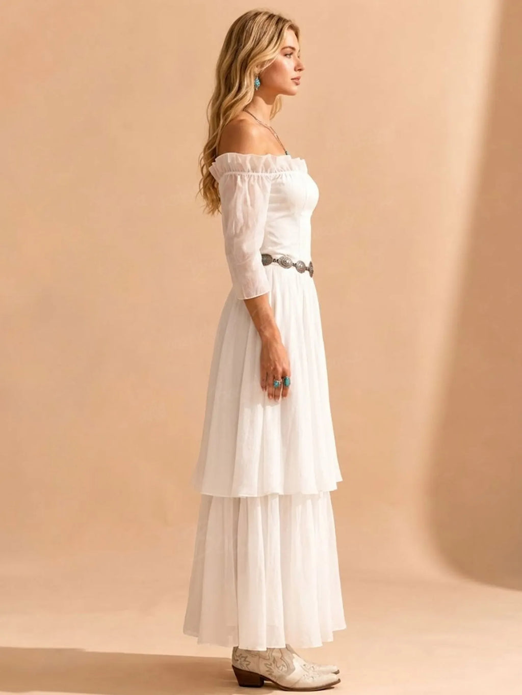 2026 S/S Romantic Muse — White Off-the-Shoulder Sheer Puff Sleeve Tiered Maxi Dress