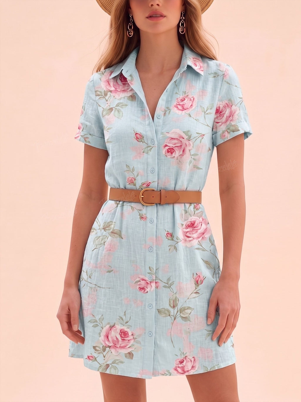 Western-Style Mini Dress — Sky Blue Cotton-Linen Blend, French Vintage Rose Print, Short-Sleeve Button-Down Shirt Dress