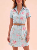 Western-Style Mini Dress — Sky Blue Cotton-Linen Blend, French Vintage Rose Print, Short-Sleeve Button-Down Shirt Dress