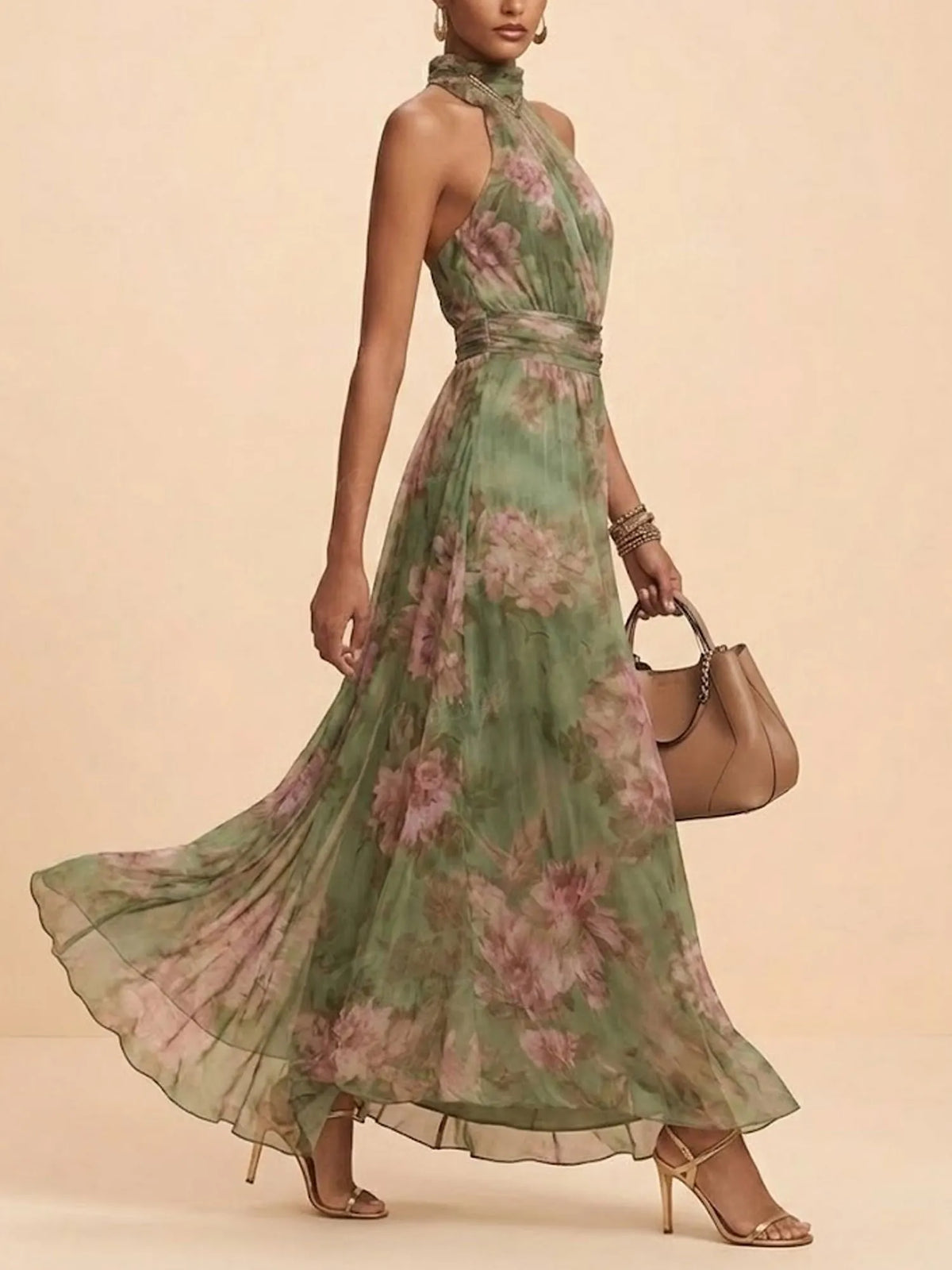 2026 SS Western Romance — Herbal Green Heavy Floral Chiffon Halter High-Neck Flowing Maxi Dress