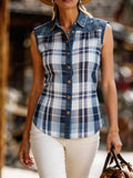 Women's Western Plaid Print Sleeveless Shirt- 100% Cotton