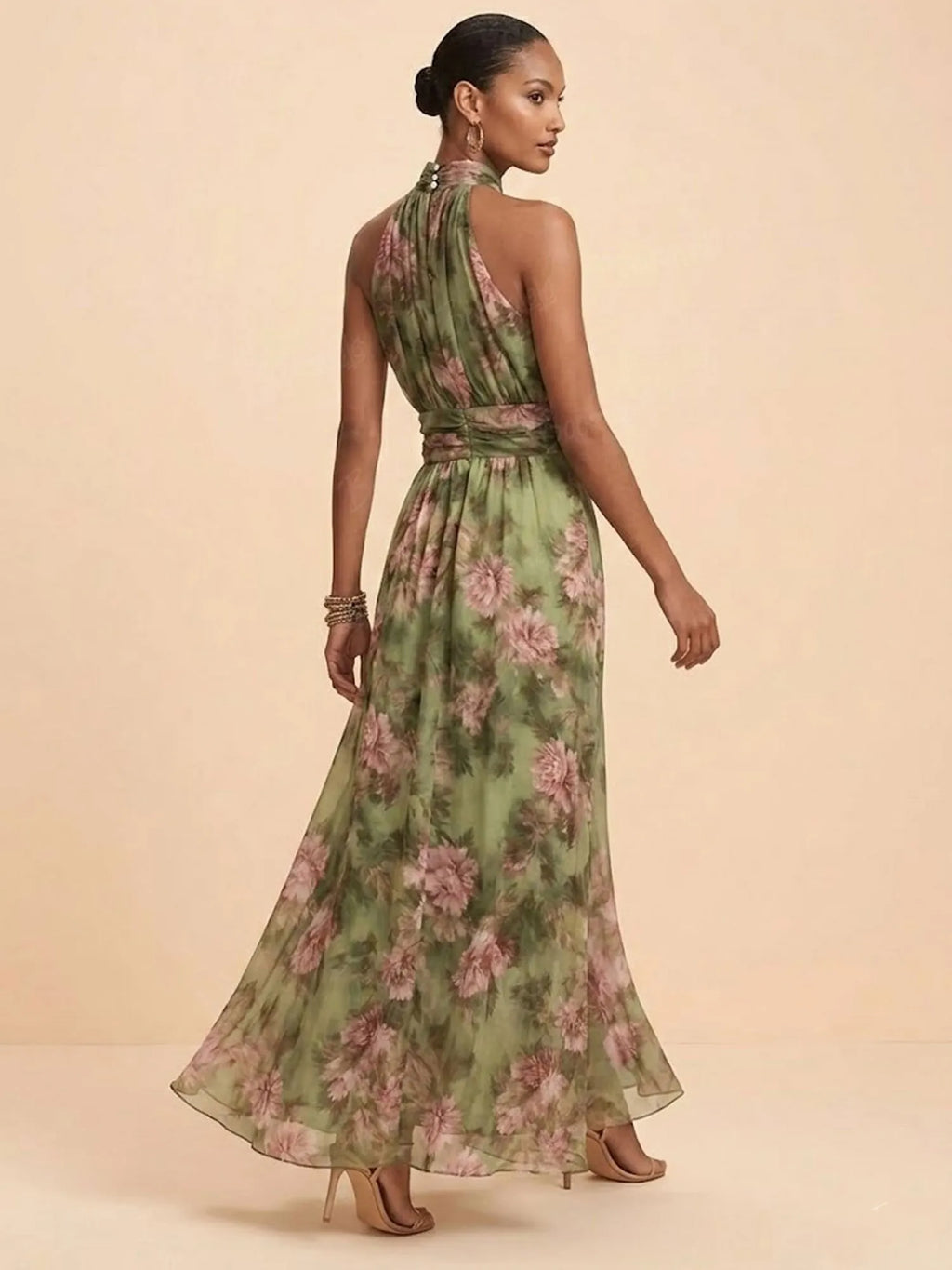 2026 SS Western Romance — Herbal Green Heavy Floral Chiffon Halter High-Neck Flowing Maxi Dress