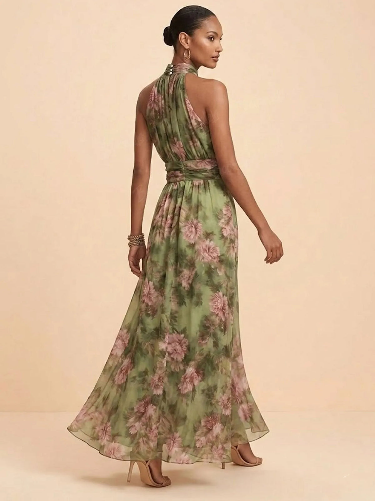 2026 SS Western Romance — Herbal Green Heavy Floral Chiffon Halter High-Neck Flowing Maxi Dress