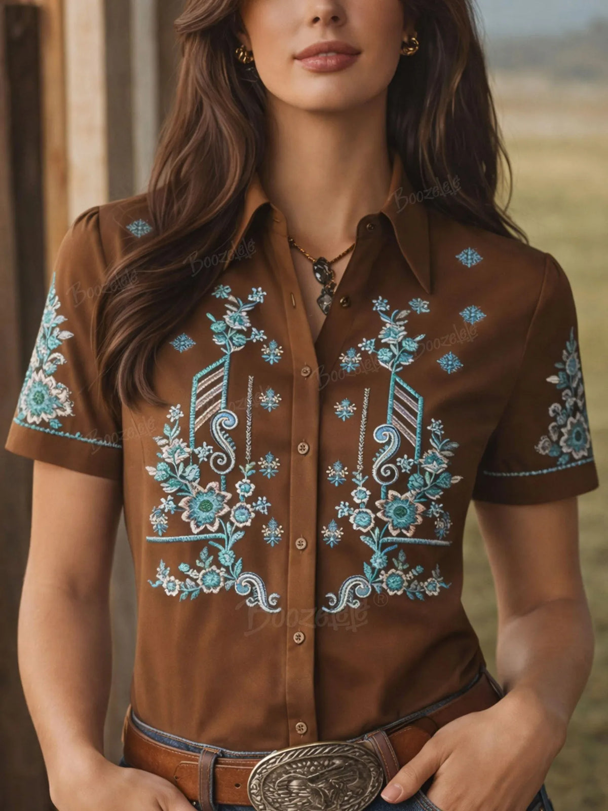 Women's Turquoise Floral  Western Shirt - 100% Cotton Brown Short Sleeve Button-Down Blouse