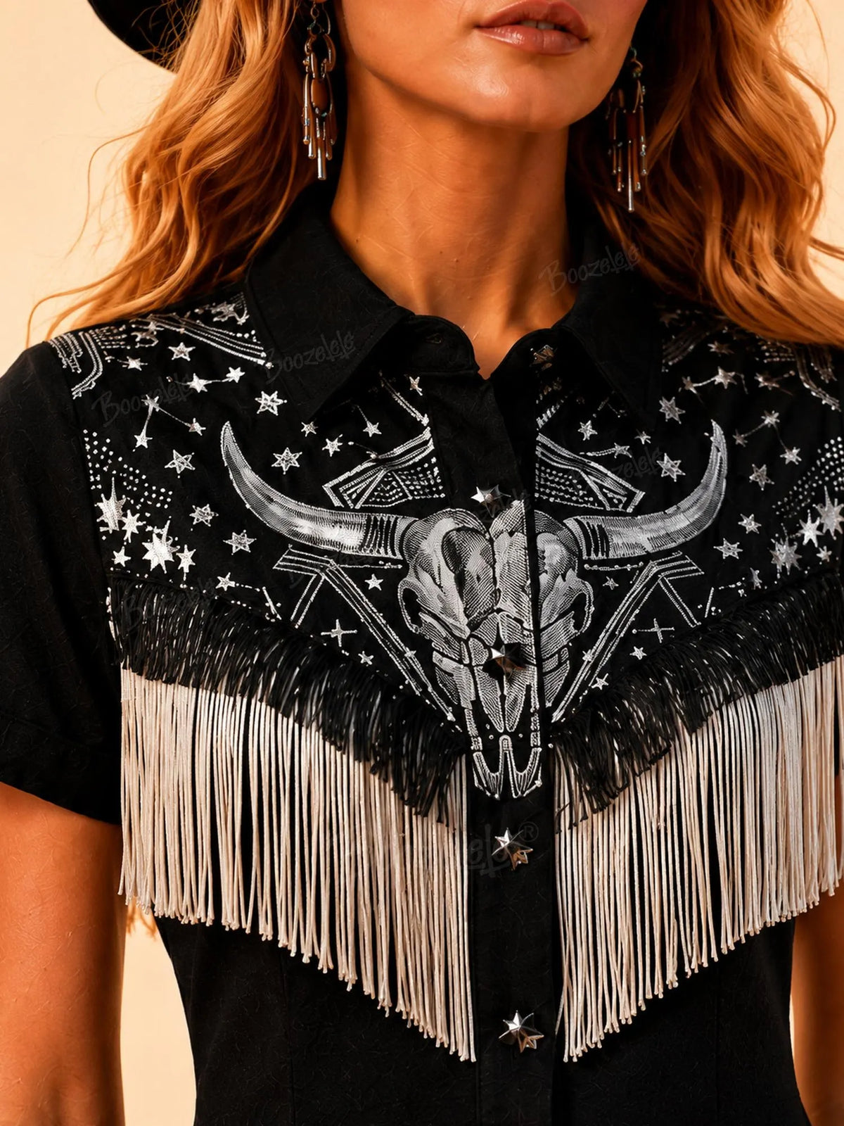 Perfect for Texas Rock Festivals —Black Western-Style Embroidered & Fringed A-Line Dress with Shirt Collar Mini Dress