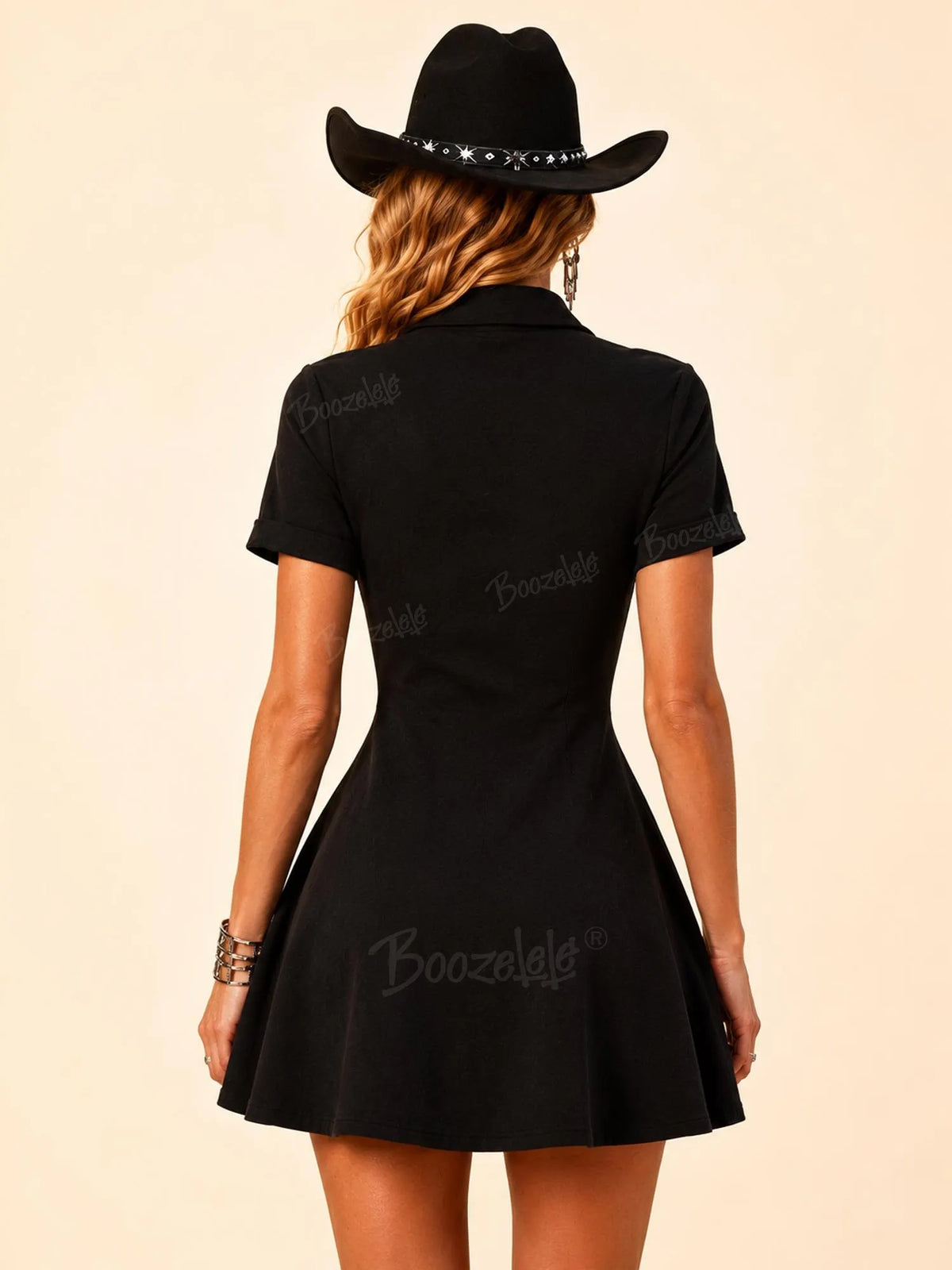 Perfect for Texas Rock Festivals —Black Western-Style Embroidered & Fringed A-Line Dress with Shirt Collar Mini Dress