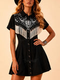 Perfect for Texas Rock Festivals —Black Western-Style Embroidered & Fringed A-Line Dress with Shirt Collar Mini Dress