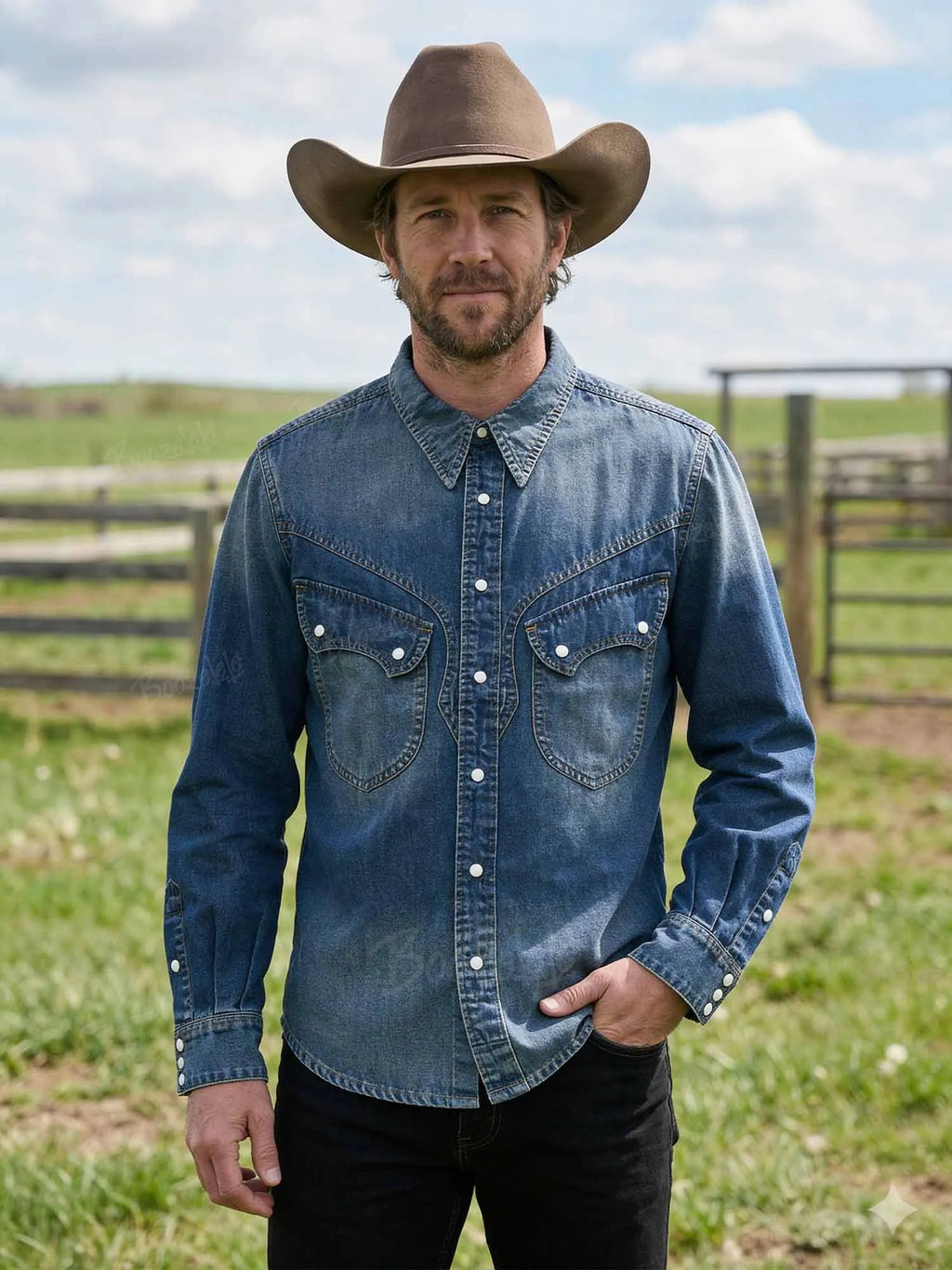Vintage Pearl-Button, Natural Wash, Slub Cotton Western Cowboy Shirt