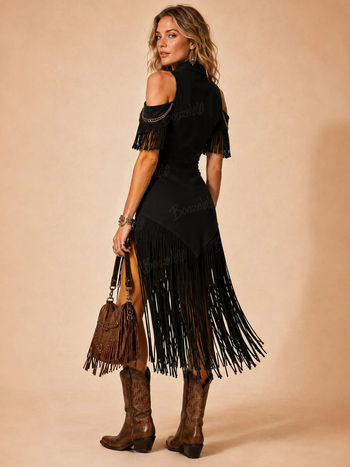 Perfect for a Western Music Festival — Retro Black Skull & Rose Embroidered Cold-Shoulder Front-Zipper Fringe Maxi Dress