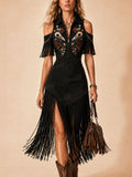 Perfect for a Western Music Festival — Retro Black Skull & Rose Embroidered Cold-Shoulder Front-Zipper Fringe Maxi Dress