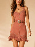 2026 S/S Wilderness Rhapsody — Dusty Pink -Feel Button-Down Embroidered Fringe Mini Dress(No belt)