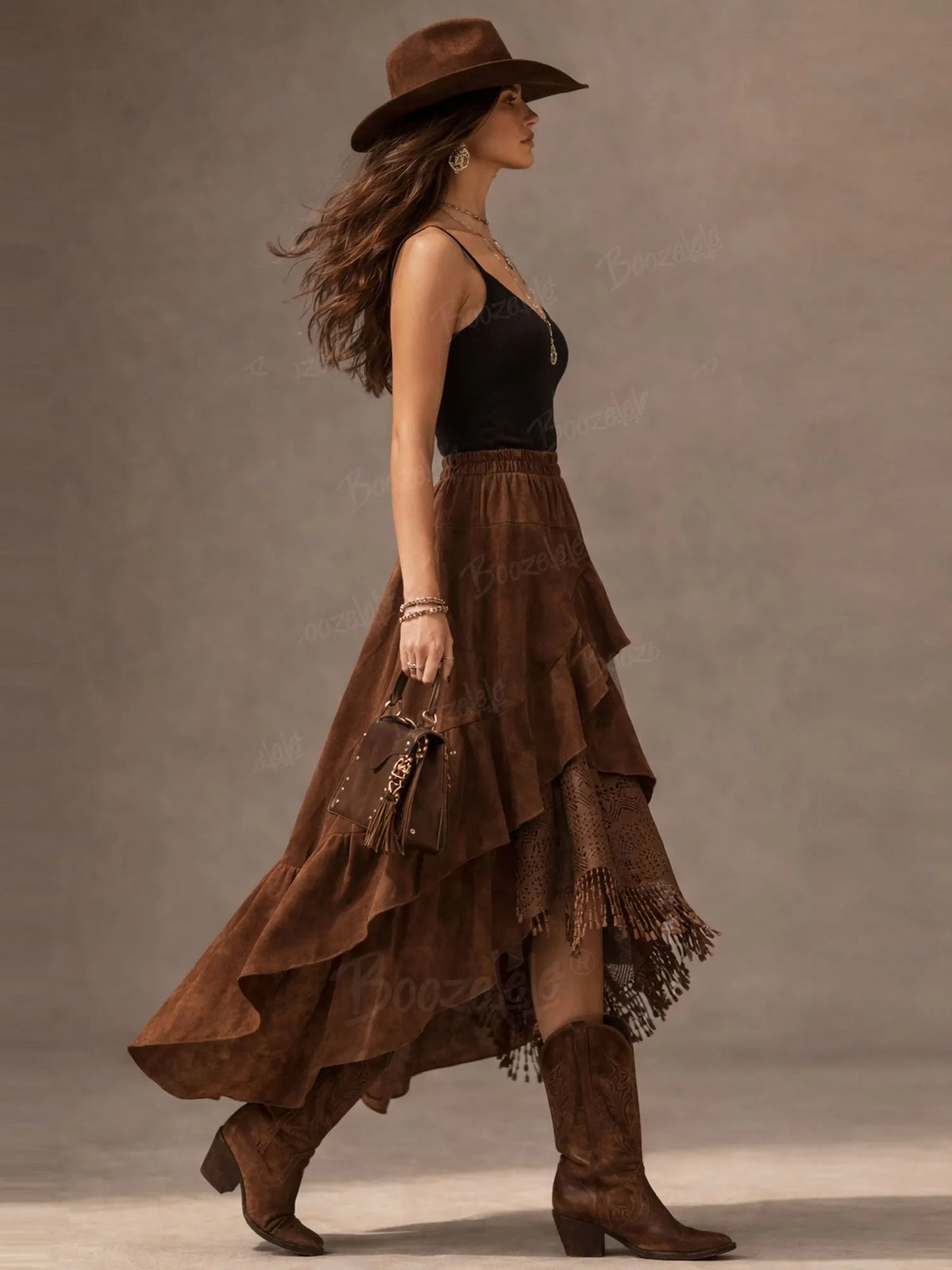 Vintage Western Fringe Skirt, Women's Brown Asymmetrical Ruffle Maxi Skirt