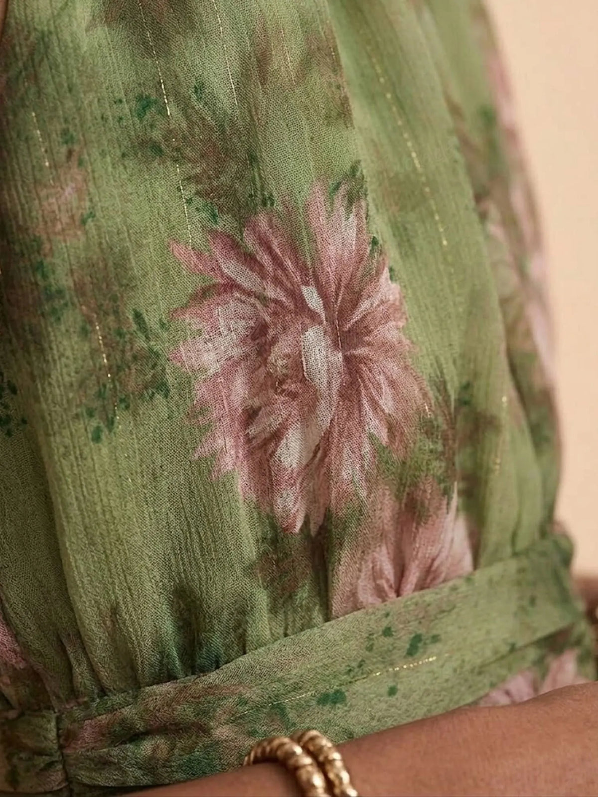 2026 SS Western Romance — Herbal Green Heavy Floral Chiffon Halter High-Neck Flowing Maxi Dress