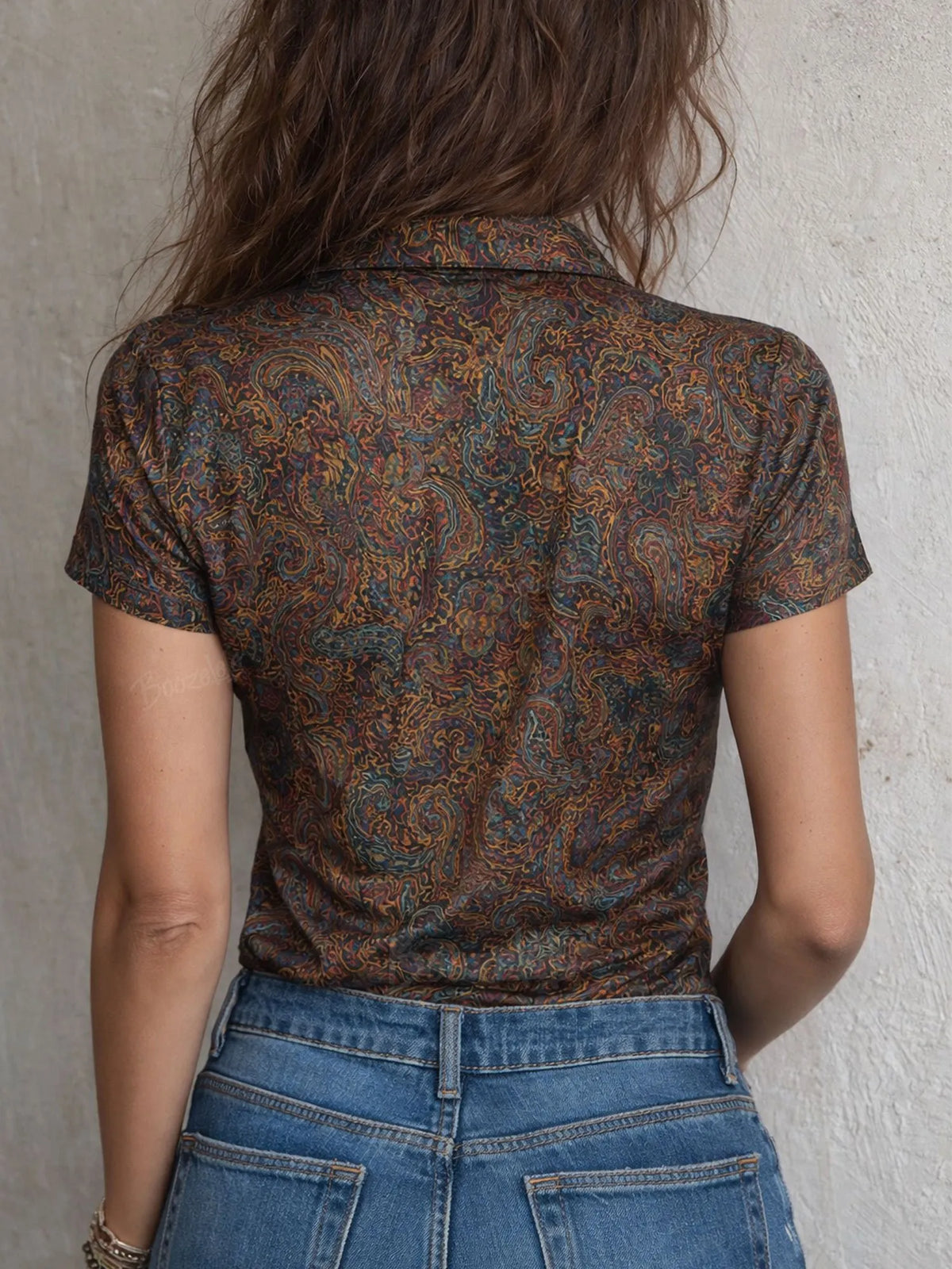 Women's Retro Paisley Print Fitted Short Sleeve Shirt- 100% Cotton Short Sleeves Shirt
